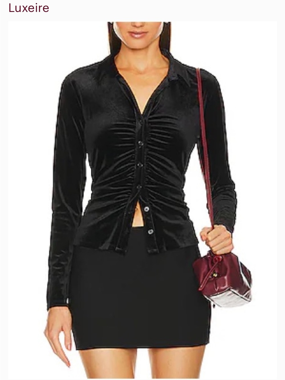 Luxeire Midnight Velvet Twist-Front Button Blouse